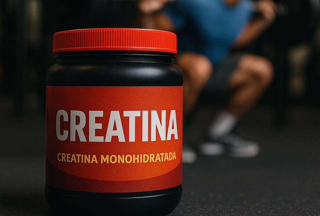 Pote de creatina em destaque com academia desfocada ao fundo.