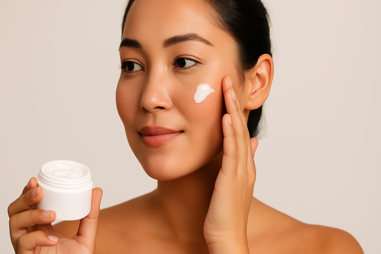 Imagem de skincare com mulher passando hidratante no rosto